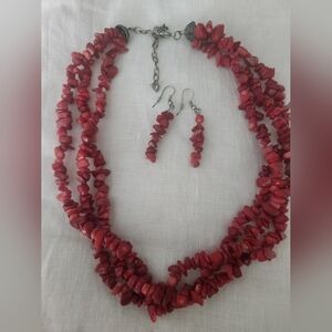 Chunky Coral Chip Torsade Necklace & Earrings- Handmade